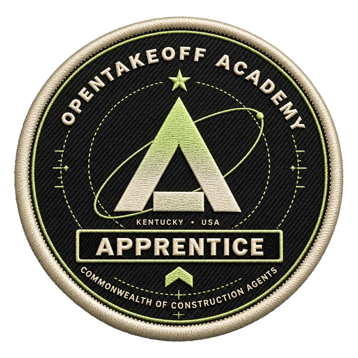 Apprentice: lime circular mission patch with one rank mark