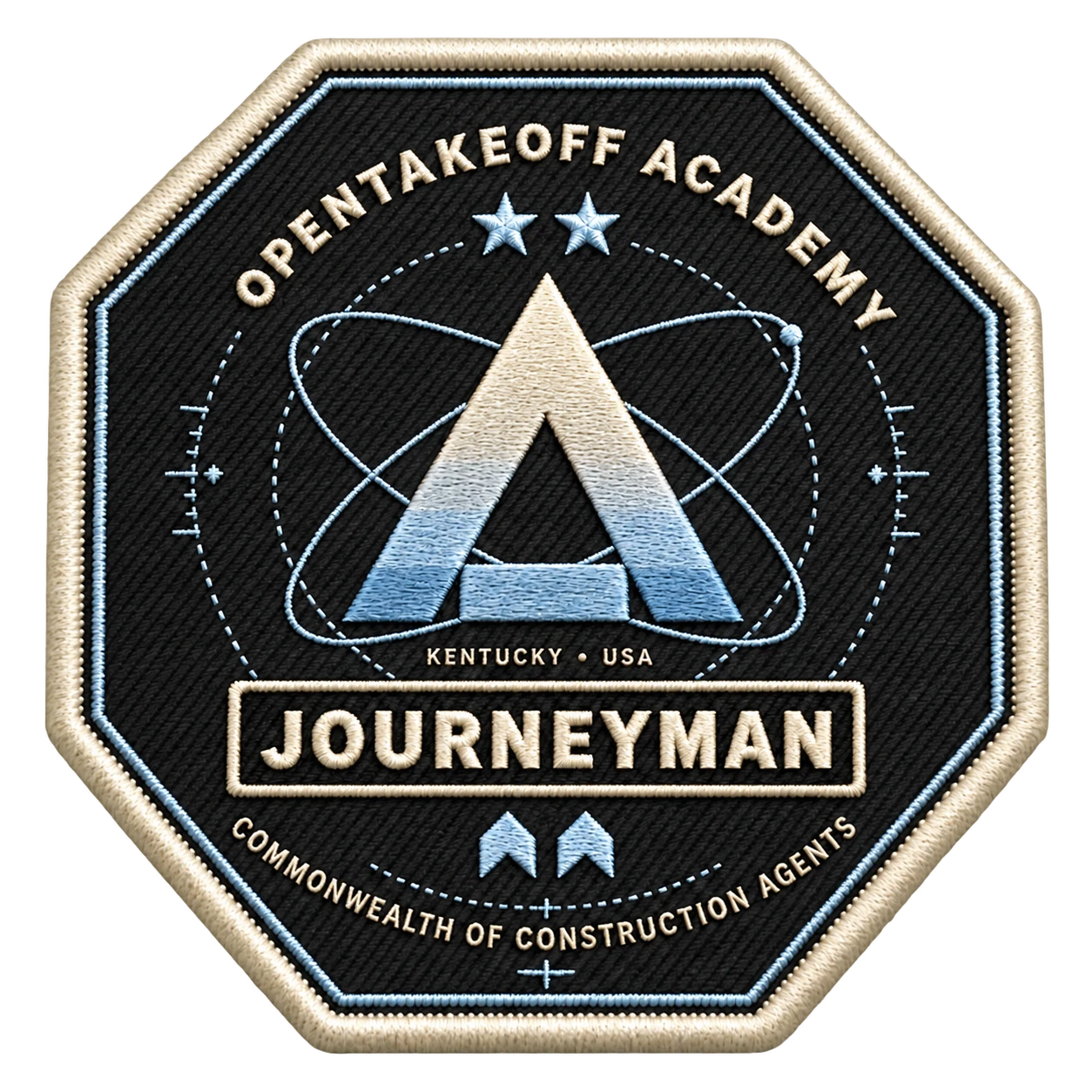 Journeyman: ice-blue octagonal mission patch with two rank marks