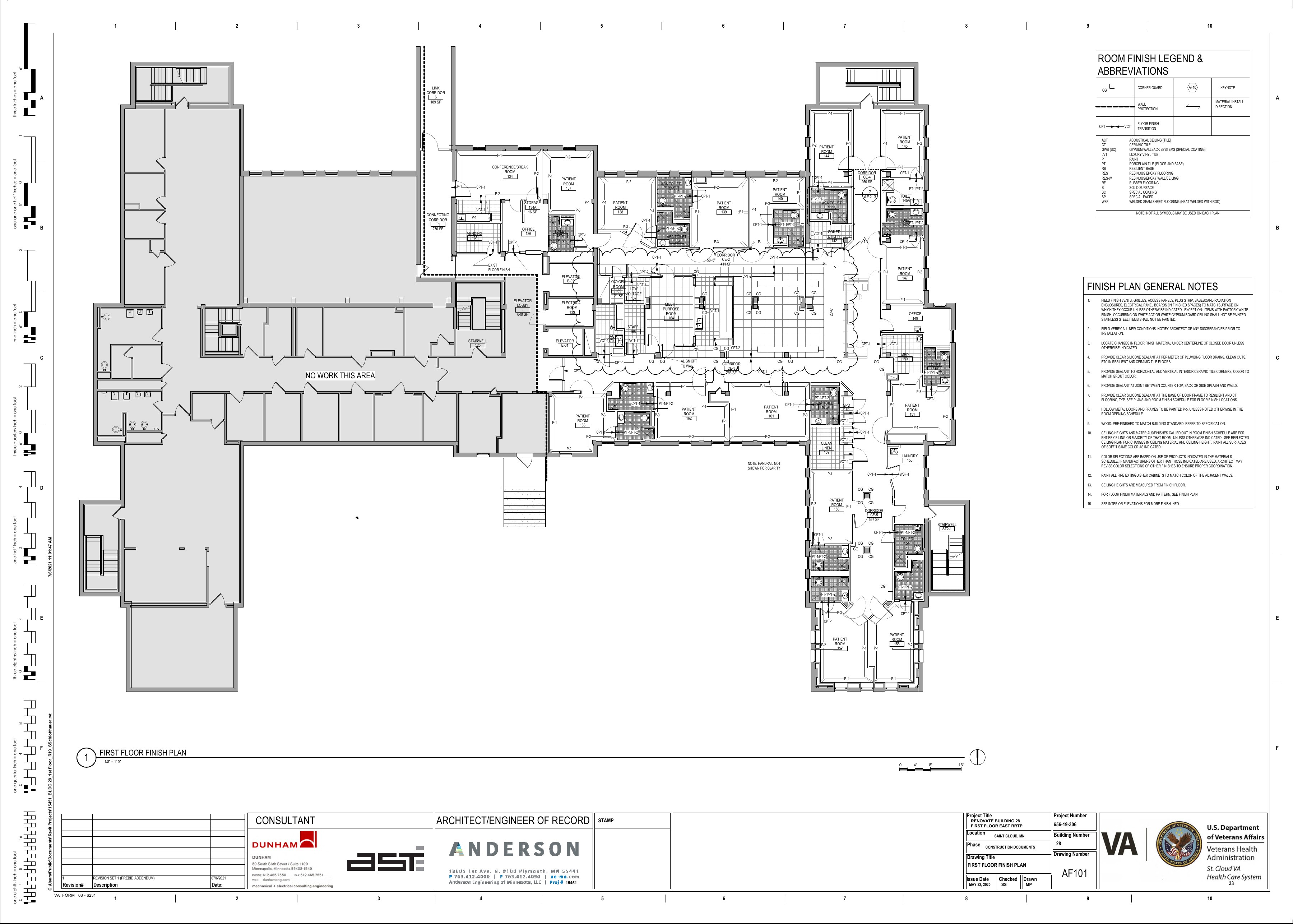 Original AF101 first floor finish plan, VA St. Cloud Building 28